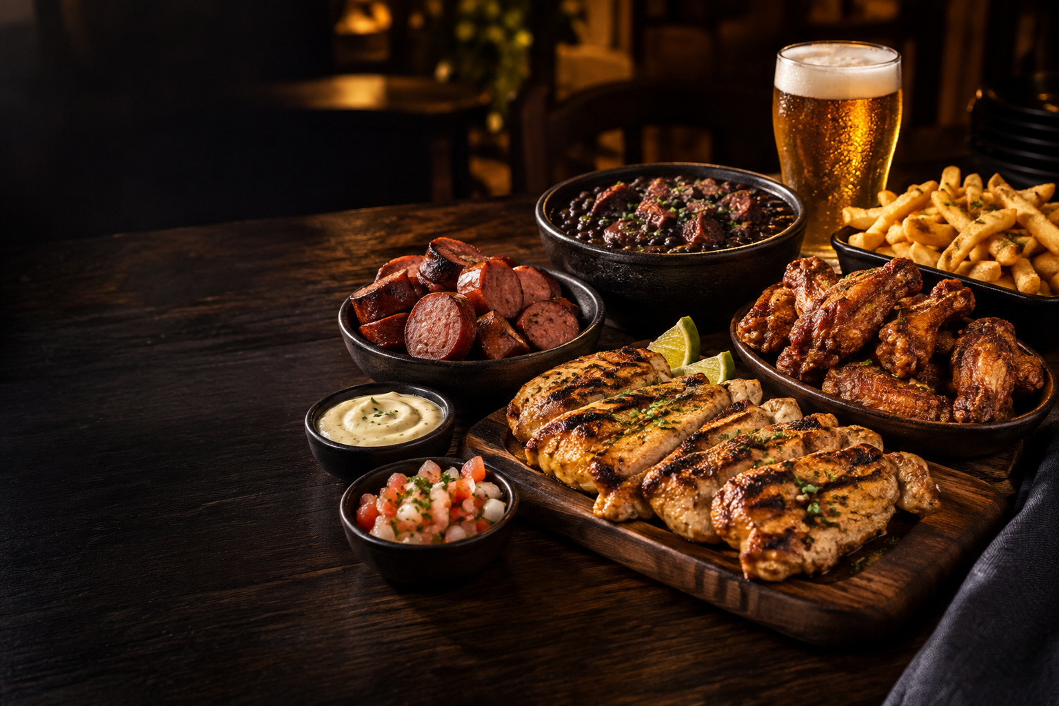 Petiscos, bebidas e hambúrgueres do Vila Jack